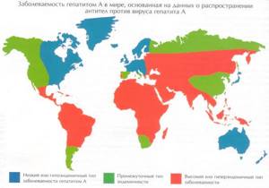 Заболеваемость гепатитом A в мире согласно распространенности антител к гепатиту A